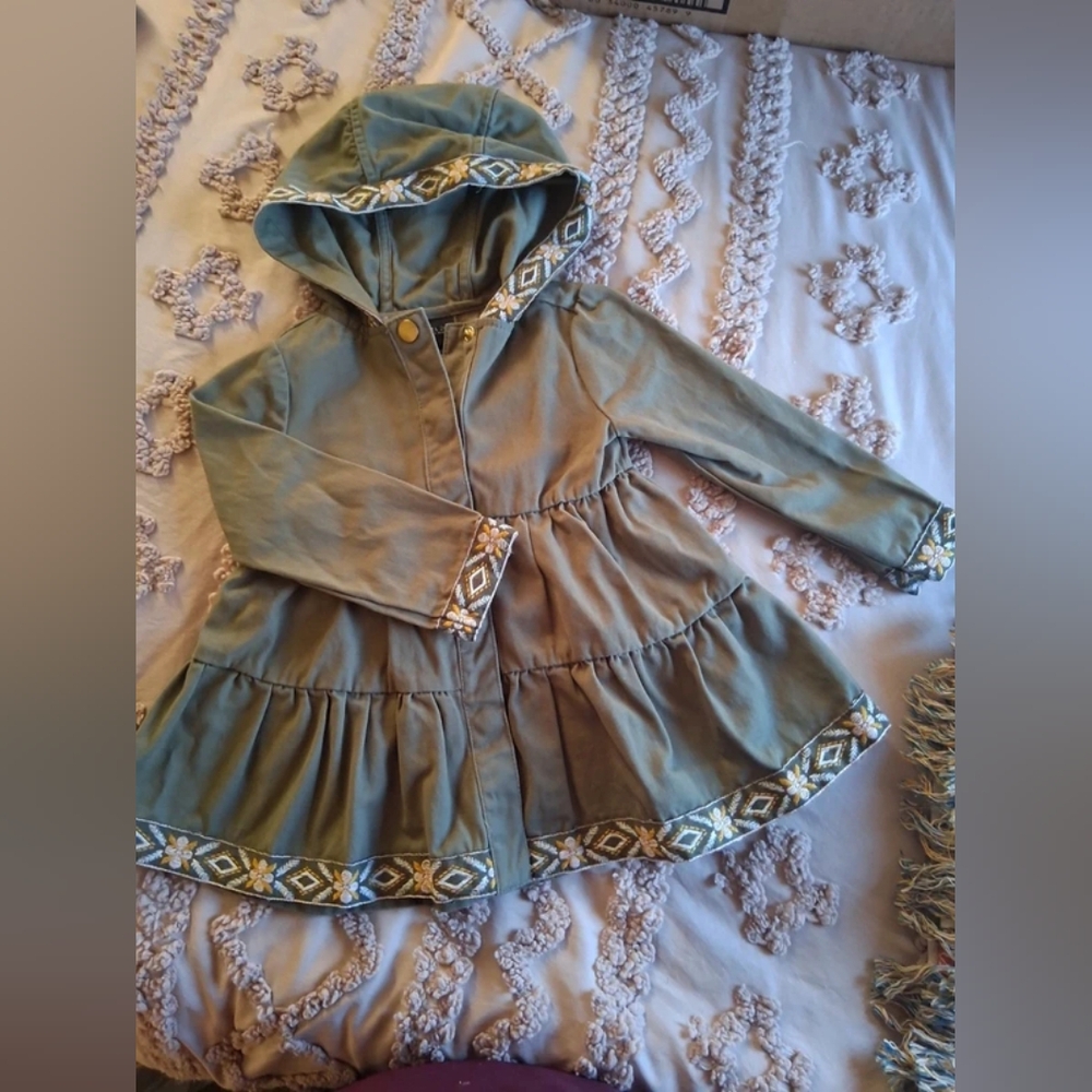 Rachel Zoe Olive Hooded Tiered Raincoat with Embroidered Trim